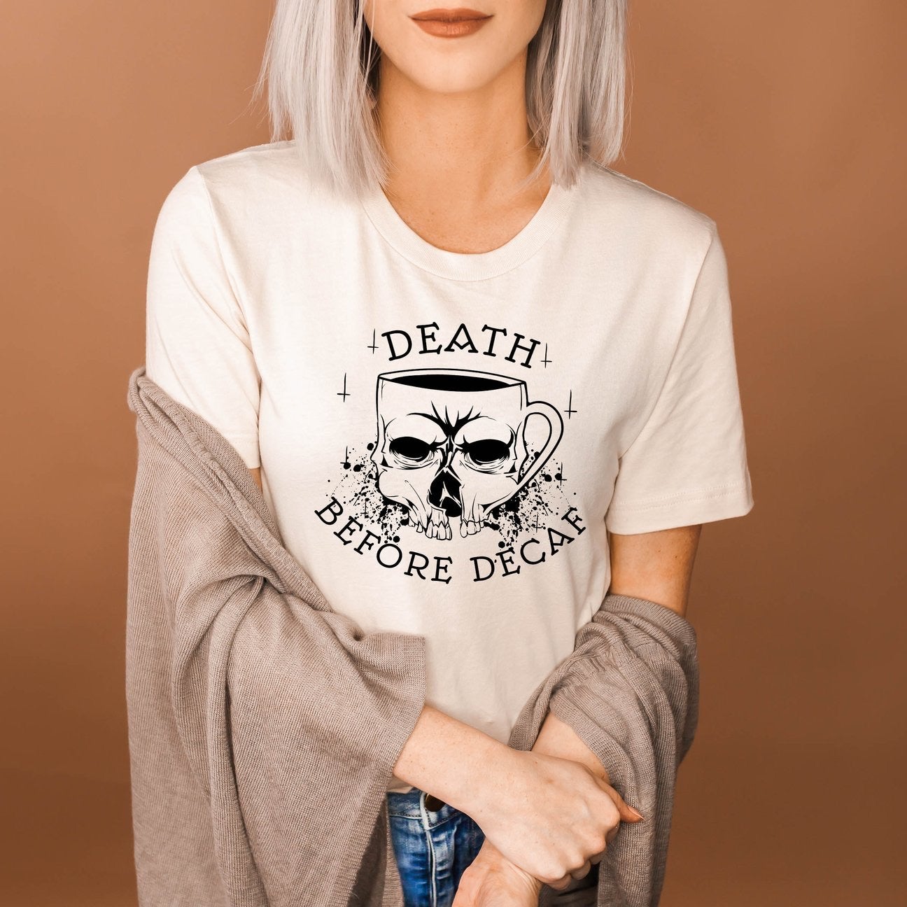 Death Before Decaf Skull Coffee Funny Shirts